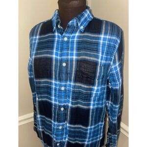 Banana Republic Untucked Slim Fit Double Weave Flannel Plaid Shirt Blue Mens‎ M